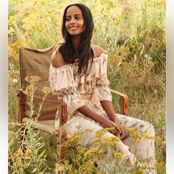 H&M hm Off the Shoulder Ruffle Beige Pink Yellow Floral Print Chiffon Top 2 NWT - Picture 12 of 16